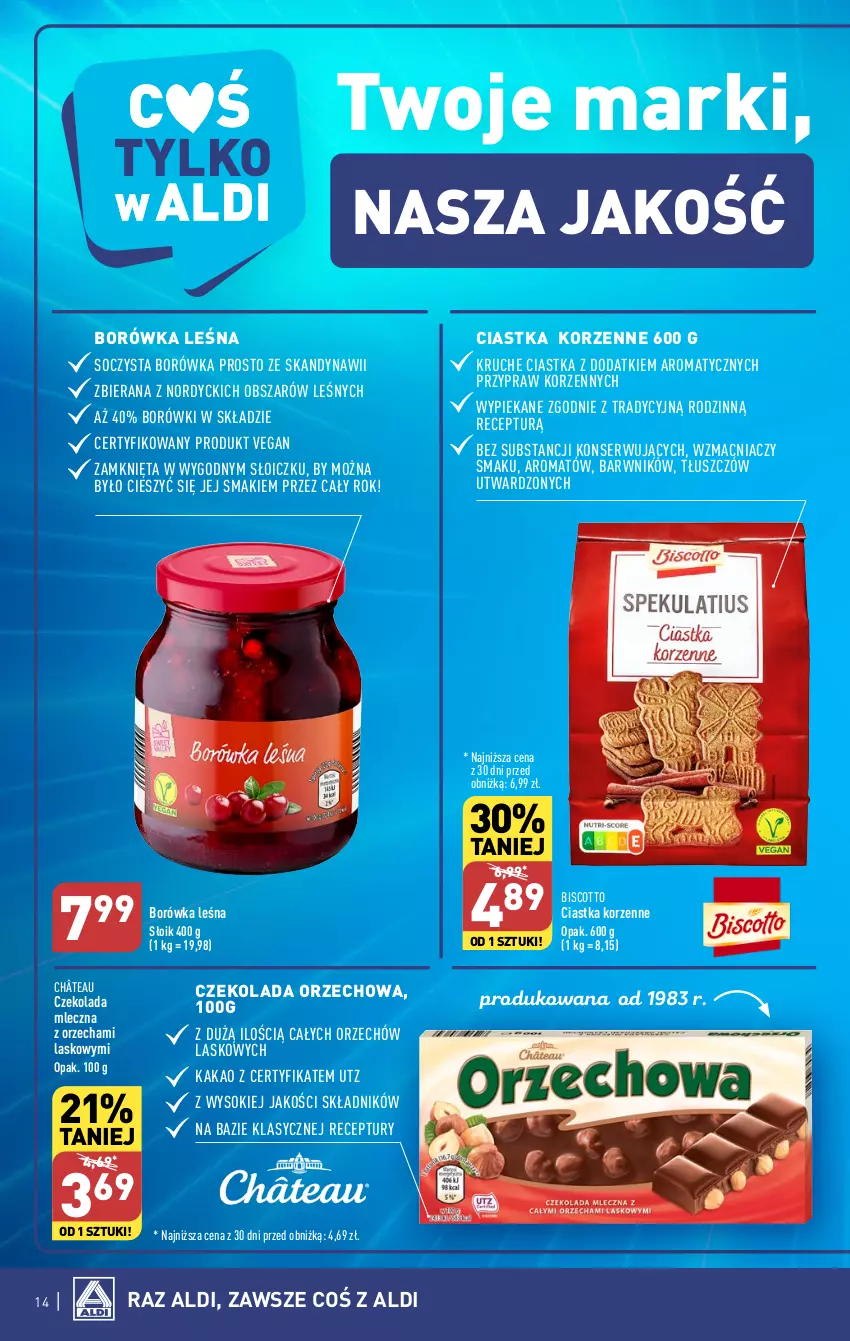 Gazetka promocyjna Aldi - Pełna oferta - ważna 26.02 do 02.03.2024 - strona 14 - produkty: Borówka, Ciastka, Czekolada, Czekolada mleczna, Czekolada orzechowa, Kakao, Ser, Sok