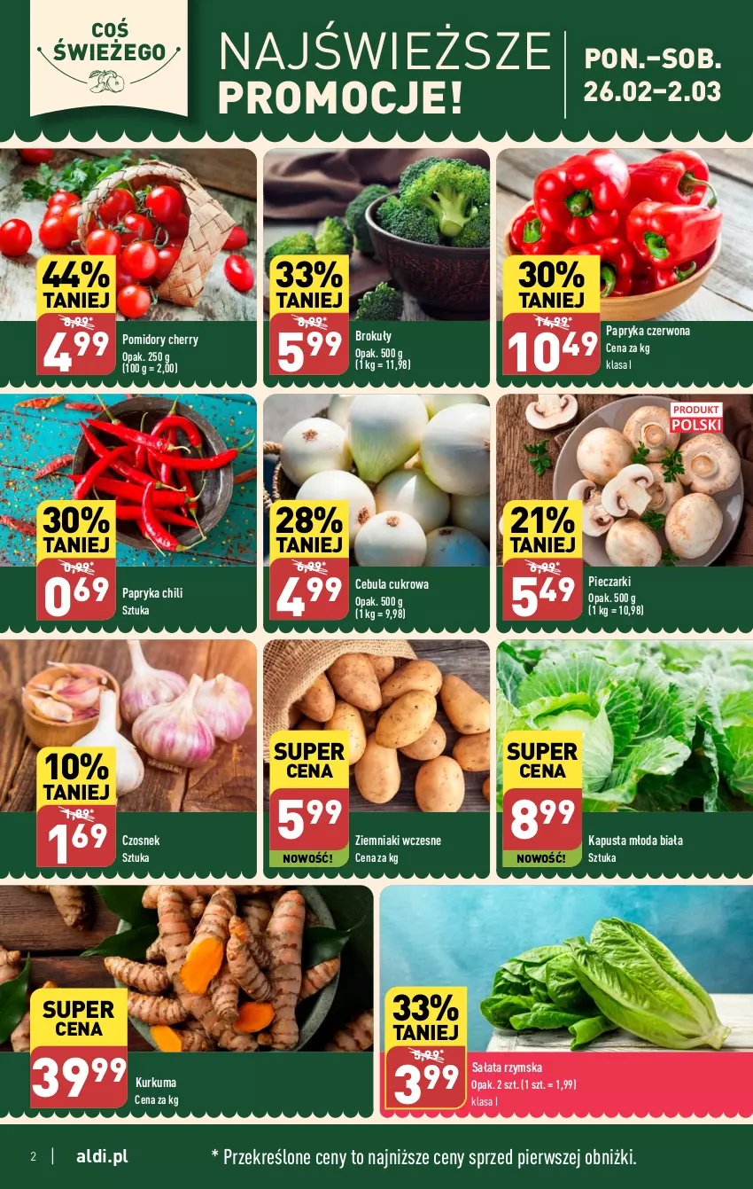 Gazetka promocyjna Aldi - Pełna oferta - ważna 26.02 do 02.03.2024 - strona 2 - produkty: Brokuły, Cebula, Czosnek, Kurkuma, Papryka, Papryka czerwona, Piec, Pomidory, Sałat, Ziemniaki