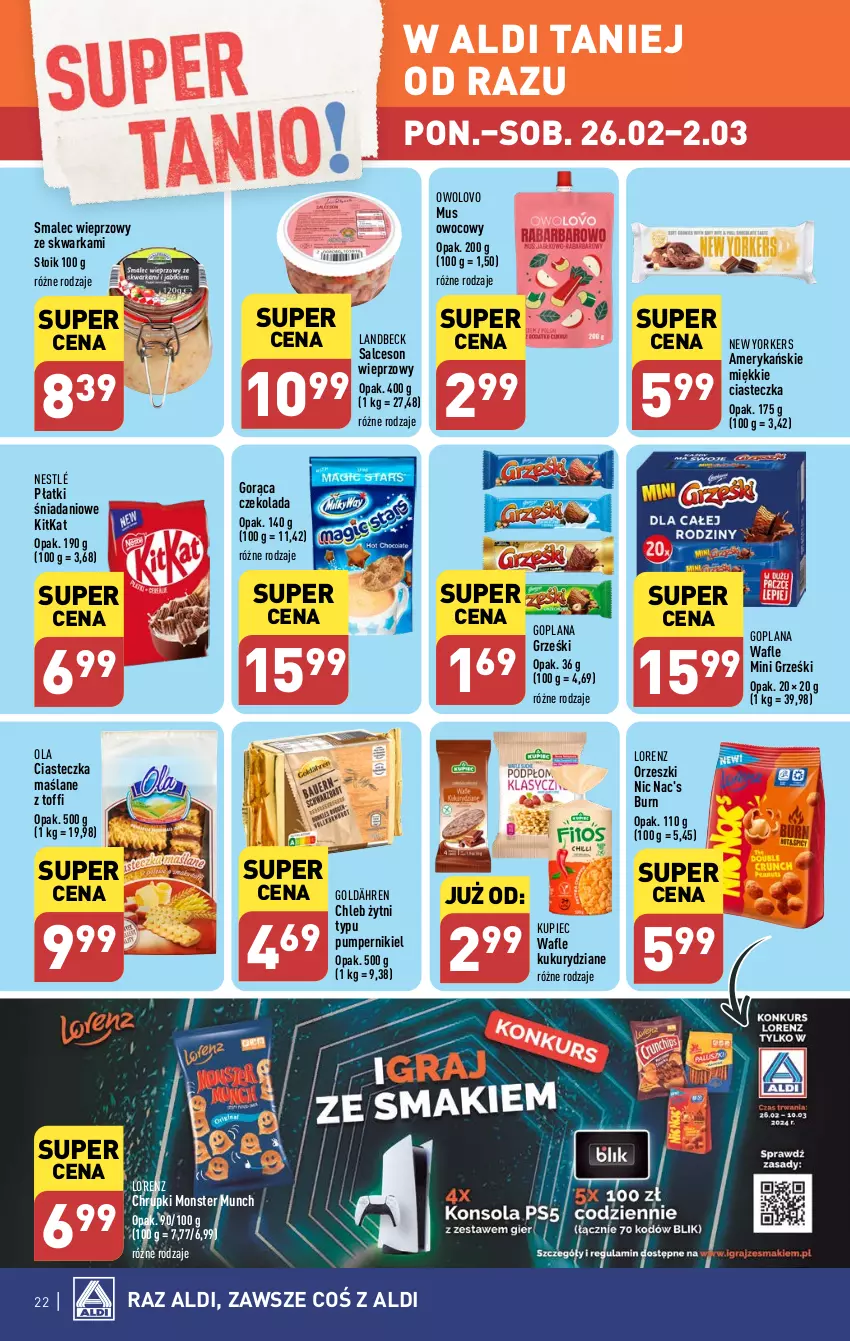 Gazetka promocyjna Aldi - Pełna oferta - ważna 26.02 do 02.03.2024 - strona 22 - produkty: Chleb, Chrupki, Czekolada, Danio, Goplana, Grześki, Kupiec, LANA, Lorenz, Mini Grześki, Monster Munch, Mus, Nestlé, Orzeszki, Piec, Salceson, Smalec, Wafle, Warka