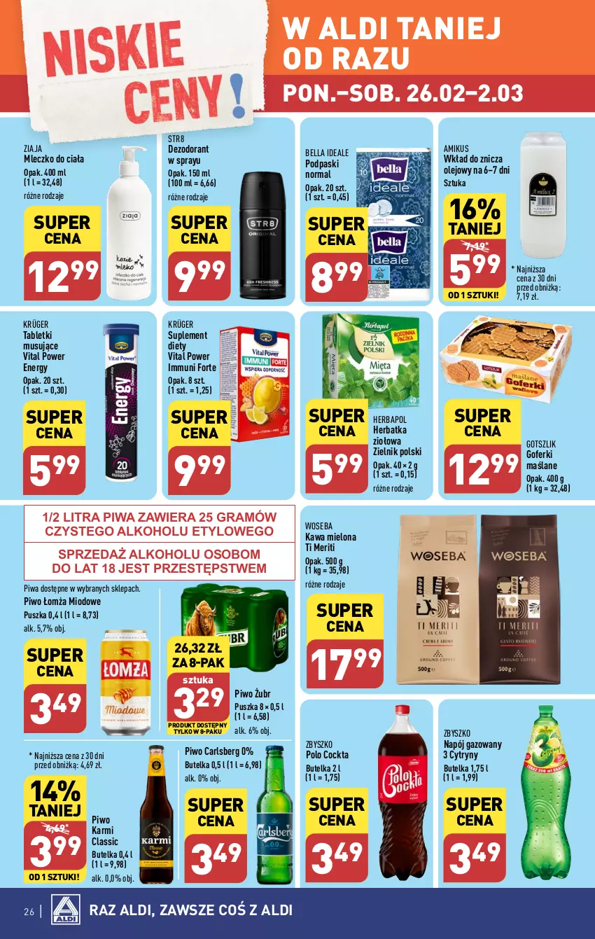 Gazetka promocyjna Aldi - Pełna oferta - ważna 26.02 do 02.03.2024 - strona 26 - produkty: Bell, Bella, Carlsberg, Cytryny, Dezodorant, Gra, Herbapol, Karmi, Kawa, Kawa mielona, Mleczko, Mleczko do ciała, Mus, Napój, Napój gazowany, Olej, Piwa, Piwo, Podpaski, Str8, Suplement diety, Tablet, Tabletki musujące, Woseba, Ziaja, Znicz