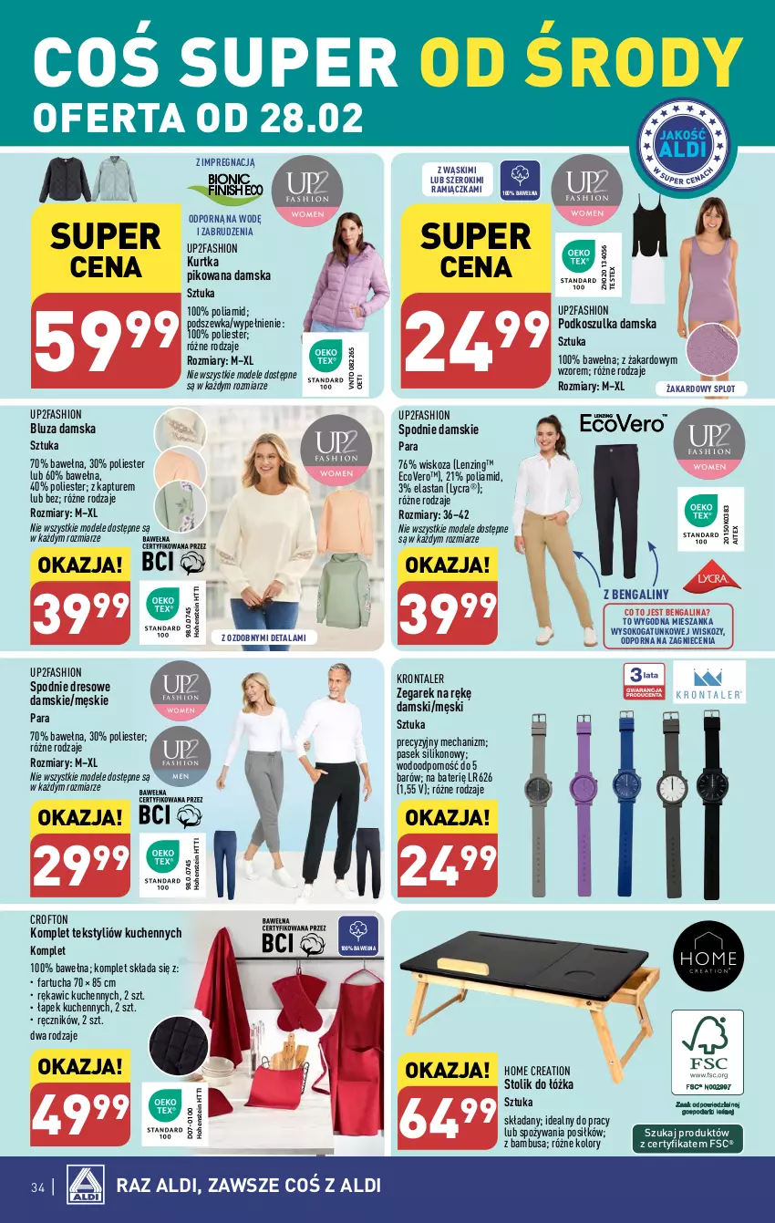 Gazetka promocyjna Aldi - Pełna oferta - ważna 26.02 do 02.03.2024 - strona 34 - produkty: Bluza, Dres, Fa, Kosz, Koszulka, Kurtka, Pasek, Por, Ręcznik, Sok, Spodnie, Spodnie dresowe, Stolik, Wełna, Zegar, Zegarek