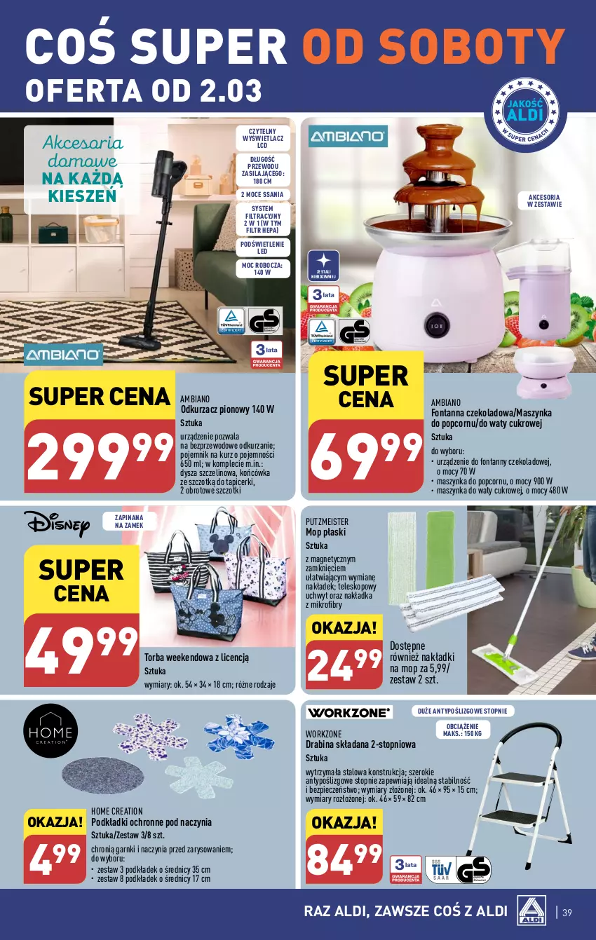 Gazetka promocyjna Aldi - Pełna oferta - ważna 26.02 do 02.03.2024 - strona 39 - produkty: Drabina, Maszynka, Mop, Odkurzacz, Piec, Podkład, Pojemnik, Popcorn, Putzmeister, Szynka, Teleskop, Top, Torba