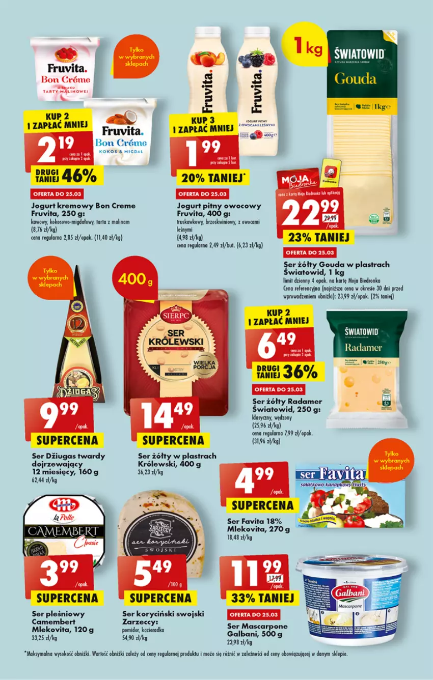 Gazetka promocyjna Biedronka - ważna 23.03 do 29.03.2023 - strona 43 - produkty: Brugi, Camembert, Dron, Fa, Favita, Galbani, Gouda, Jogurt, Jogurt pitny, Kokos, Królewski, LG, Mascarpone, Mleko, Mlekovita, Por, Radamer, Ser, Ser pleśniowy, Ser zołty, Sok