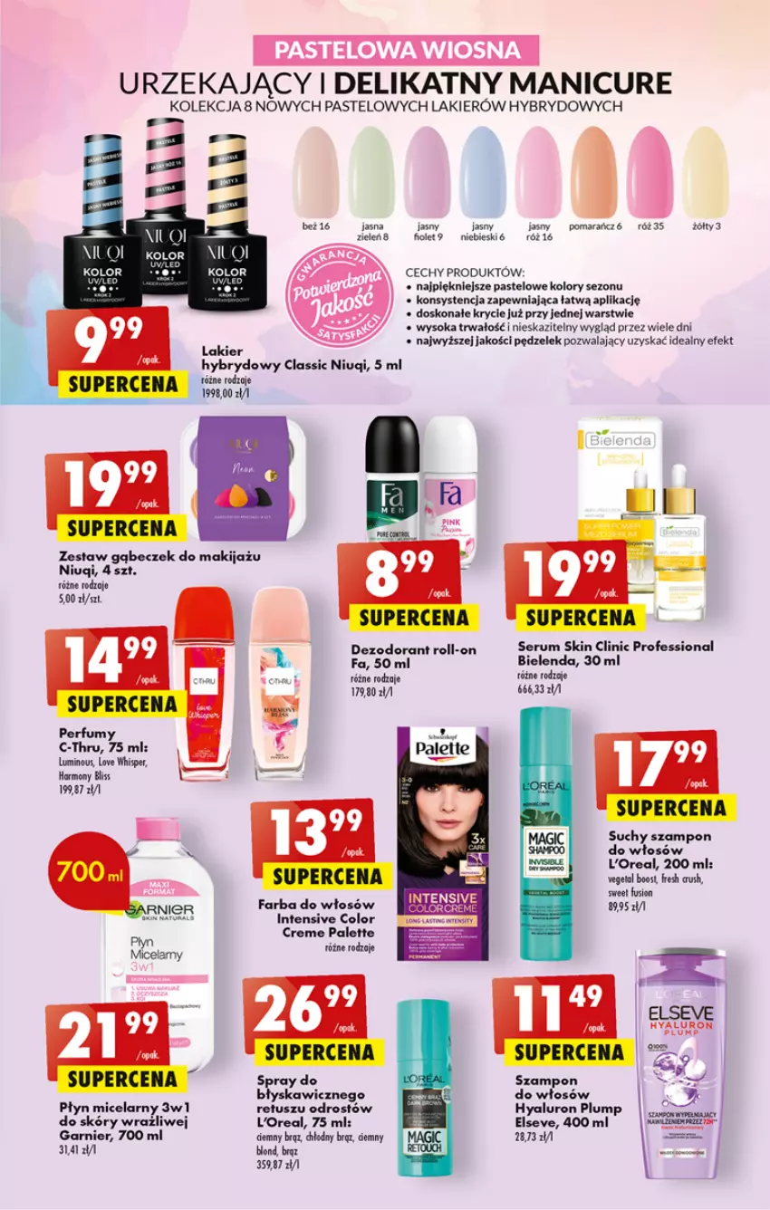 Gazetka promocyjna Biedronka - ważna 23.03 do 29.03.2023 - strona 53 - produkty: Bielenda, C-Thru, Clin, Color Creme, Elseve, Fa, Farba do włosów, Fusion, Garnier, Lakier, Lakier hybrydowy, Niuqi, Palette, Perfum, Płyn micelarny, Rum, Ser, Serum, Sok, Suchy szampon, Szampon, Tusz, Vegeta