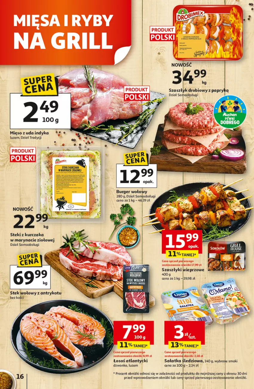 Gazetka promocyjna Auchan - Gazetka 30 Lat Hipermarket Auchan - ważna 29.04 do 06.05.2026 - strona 16 - produkty: Burger, Fa, Kurczak, Mięso, Sałat, Sałatka, Stek, Stek wołowy