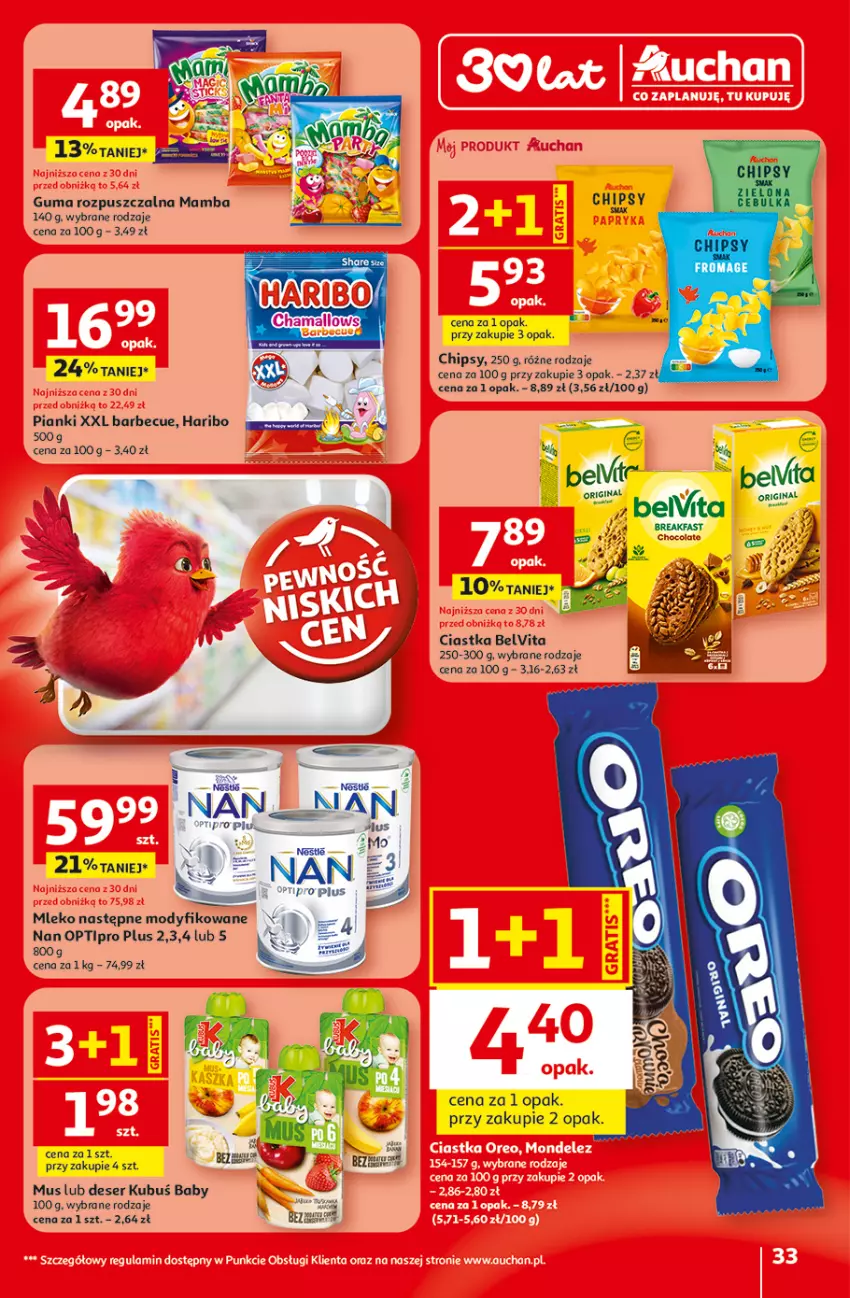 Gazetka promocyjna Auchan - Gazetka 30 Lat Hipermarket Auchan - ważna 29.04 do 06.05.2026 - strona 33 - produkty: BelVita, Chipsy, Ciastka, Deser, Fa, Gin, Guma rozpuszczalna, Haribo, Kubuś, Mamba, Mleko, Mus, NAN Optipro, O nas, Ser