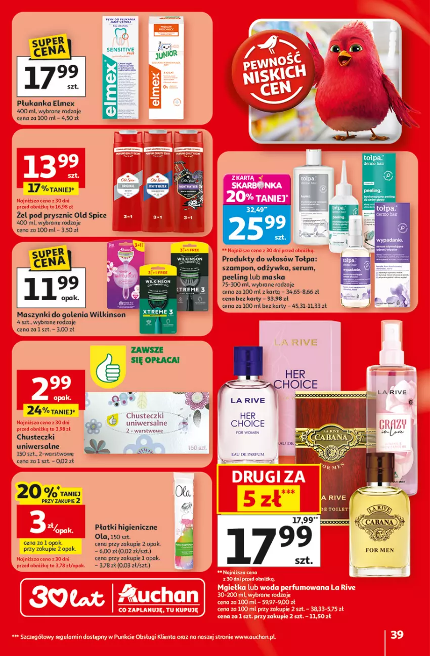 Gazetka promocyjna Auchan - Gazetka 30 Lat Hipermarket Auchan - ważna 29.04 do 06.05.2026 - strona 39 - produkty: Chusteczki, Elmex, Fa, Maska, Odżywka, Old Spice, Peeling, Rum, Ser, Serum, Szampon, Tołpa