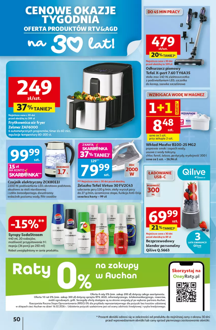 Gazetka promocyjna Auchan - Gazetka 30 Lat Hipermarket Auchan - ważna 29.04 do 06.05.2026 - strona 50 - produkty: Blender, Czajnik, Czajnik elektryczny, Fa, Grill, Kosz, Magnez, Odkurzacz, Por, Rower, Syrop, Syropy, Szczotka, Tefal, Top, Virtu