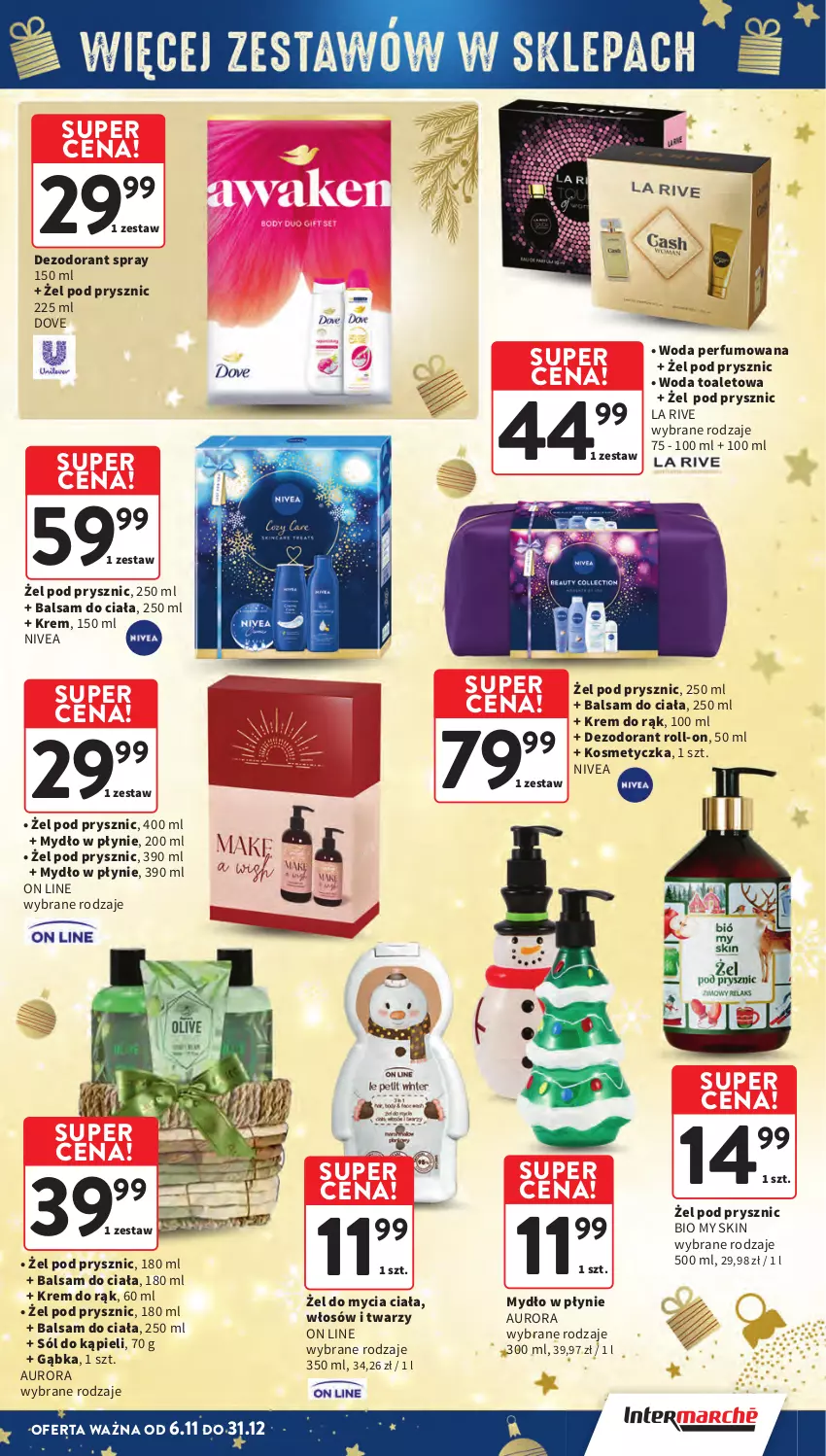 Gazetka promocyjna Intermarche - Gazetka Intermarche - ważna 13.11 do 19.11.2025 - strona 13 - produkty: Balsam do ciała, Dezodorant, Dove, Kosmetyczka, Krem do rąk, La Rive, Mydło, Mydło w płynie, Nivea, Perfum, Sól, Sól do kąpieli, Woda, Woda perfumowana, Woda toaletowa