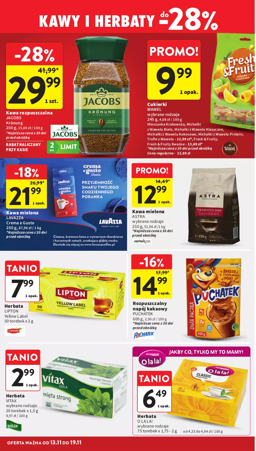 Gazetka promocyjna Intermarche - Gazetka Intermarche - ważna 13.11 do 19.11.2025 - strona 28 - produkty: Cukier, Cukierki, Herbata, Jacobs, Jacobs Krönung, Kakao, Kawa, Kawa mielona, Kawa rozpuszczalna, Kokos, Lavazza, Lipton, Michałki, Napój, Vitax, Wawel