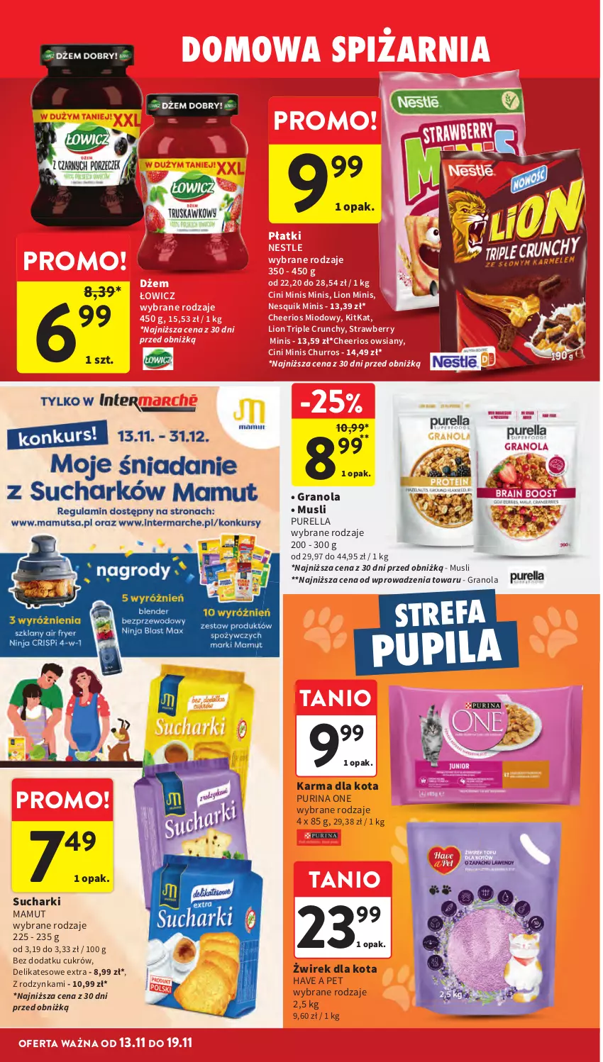 Gazetka promocyjna Intermarche - Gazetka Intermarche - ważna 13.11 do 19.11.2025 - strona 30 - produkty: Cheerios, Cini Minis, Dżem, Fa, Gra, Granola, Lion, Mus, Nesquik, Pur, Purina