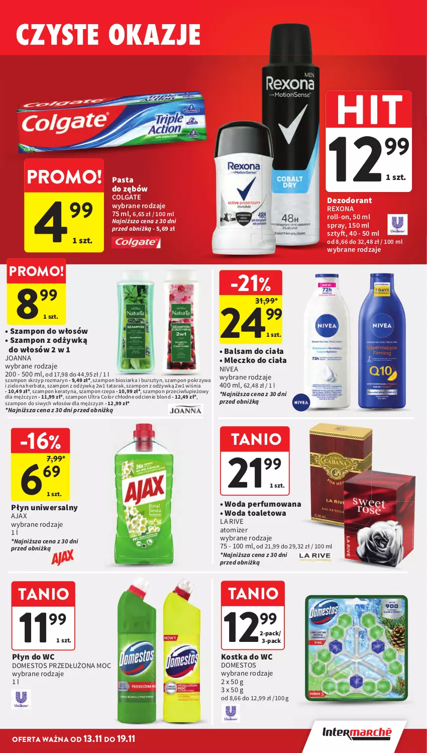 Gazetka promocyjna Intermarche - Gazetka Intermarche - ważna 13.11 do 19.11.2025 - strona 37 - produkty: Ajax, Balsam do ciała, Bursztyn, Colgate, Dezodorant, Domestos, Herbata, Joanna, Kostka do wc, La Rive, LG, Mleczko, Mleczko do ciała, Nivea, Pasta do zębów, Perfum, Płyn do wc, Rexona, Szampon, Woda, Woda perfumowana, Woda toaletowa