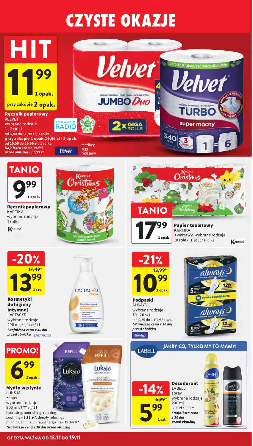 Gazetka promocyjna Intermarche - Gazetka Intermarche - ważna 13.11 do 19.11.2025 - strona 38 - produkty: Always, Bell, Dezodorant, Lactacyd, Luksja, Mydło, Mydło w płynie, Papier, Papier toaletowy, Podpaski, Pur, Ręcznik, Rolki, Velvet