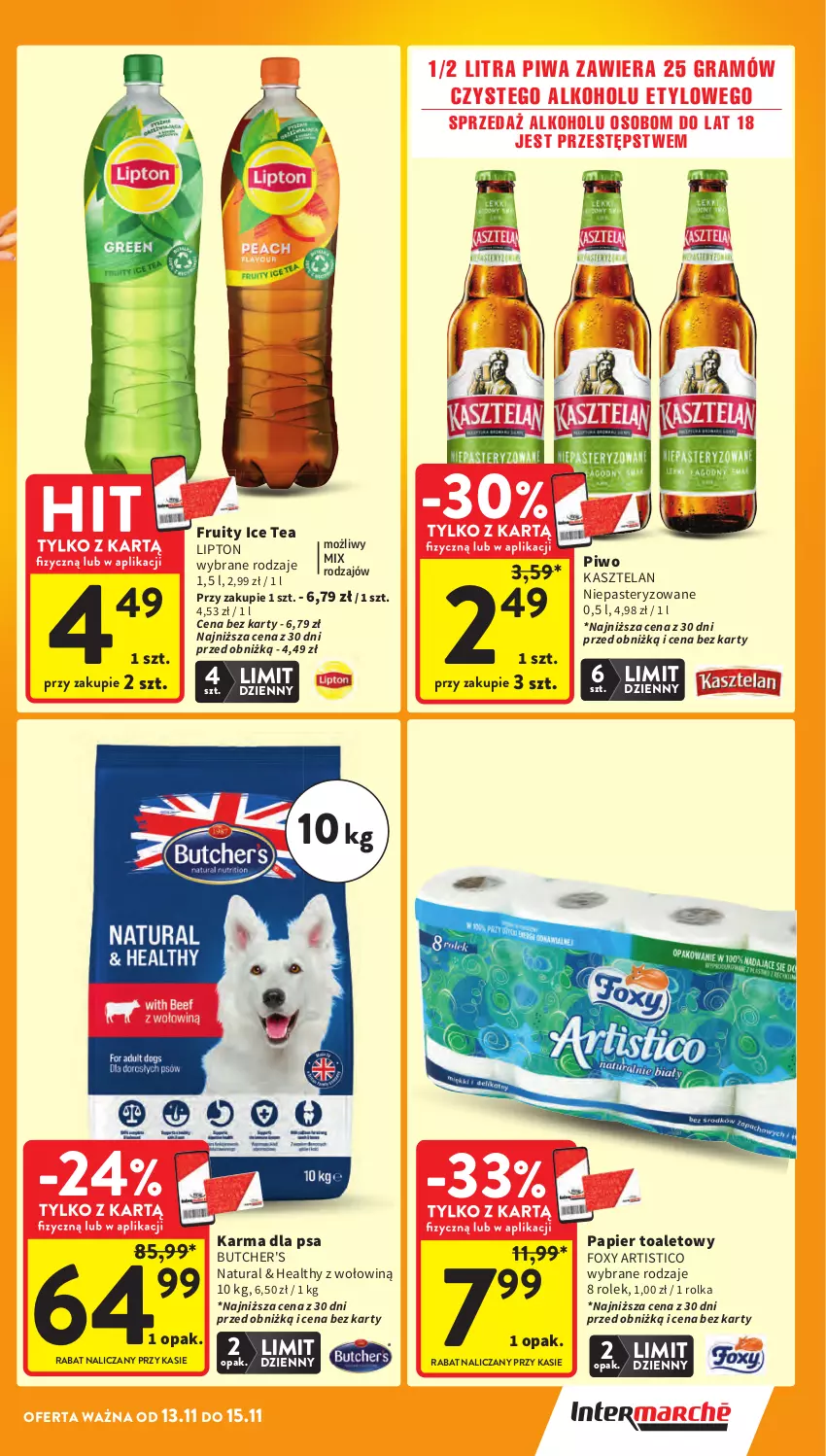 Gazetka promocyjna Intermarche - Gazetka Intermarche - ważna 13.11 do 19.11.2025 - strona 5 - produkty: Butcher's, Foxy, Gra, Ice tea, Kasztelan, Lipton, Papier, Papier toaletowy, Piwa, Piwo