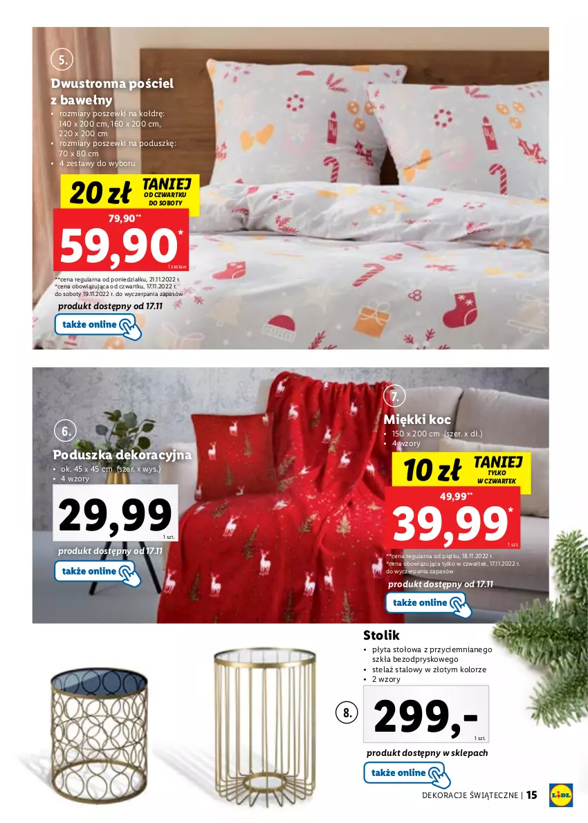 Gazetka promocyjna Lidl - KATALOG DEKORACJE ŚWIĄTECZNE - ważna 14.11 do 25.12.2022 - strona 15 - produkty: Koc, Płyta, Poduszka, Poduszka dekoracyjna, Pościel, Stolik