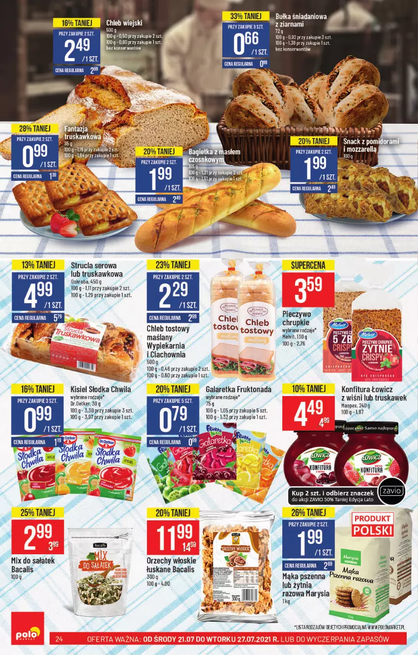 Gazetka promocyjna PoloMarket - Gazetka pomocyjna - ważna 21.07 do 27.07.2021 - strona 24 - produkty: Chleb, Gala, Galaretka, Kisiel, Konfitura, Mąka, Mąka pszenna, Melvit, Orzechy włoskie, Sałat, Ser, Słodka Chwila