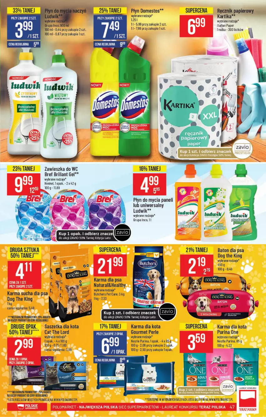 Gazetka promocyjna PoloMarket - Gazetka pomocyjna - ważna 21.07 do 27.07.2021 - strona 47 - produkty: Baton, Baton dla psa, Bref, Domestos, Laur, Ludwik, Papier, Płyn do mycia, Płyn do mycia paneli, Pur, Purina, Ręcznik, Zawieszka do wc