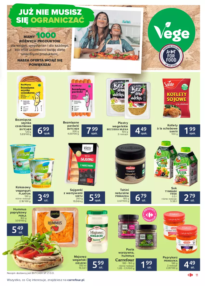 Gazetka promocyjna Carrefour - Gazetka Otwieramy się - ważna 22.06 do 03.07.2021 - strona 11 - produkty: Gra, Hummus, Kokos, Kotlet, Majonez, Mus, Papryka, Paprykarz, Parówki, Pasta warzywna, Prima, Primavika, Sajgonki, Sante, Sok, Szynka, Tymbark, Vegangurt, Virtu, Warzywa