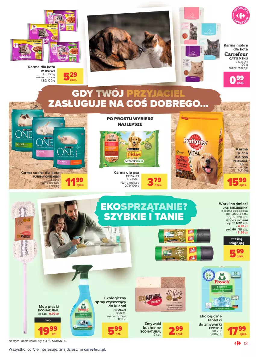 Gazetka promocyjna Carrefour - Gazetka Otwieramy się - ważna 22.06 do 03.07.2021 - strona 13 - produkty: Friskies, Frosch, Jan Niezbędny, Mop, Pedigree, Pur, Purina, Sprzątanie, Tablet, Tabletki do zmywarki, Whiskas, Worki na śmiec, Worki na śmieci, Zmywaki kuchenne, Zmywarki