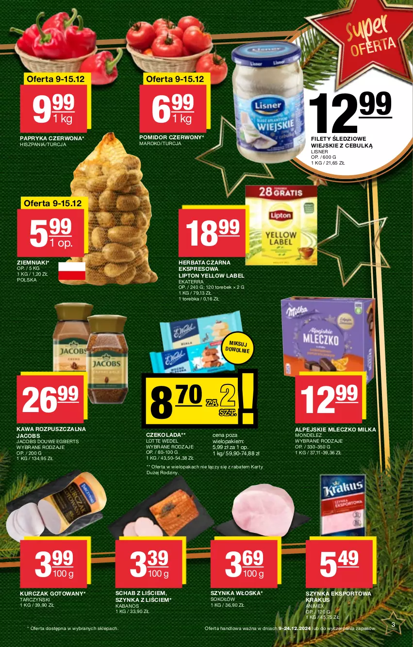 Gazetka promocyjna Spar - Spar-Mini - ważna 09.12 do 19.12.2024 - strona 3 - produkty: Czekolada, Herbata, Herbata czarna, Jacobs, Kabanos, Kawa, Kawa rozpuszczalna, Krakus, Kurczak, Kurczak gotowany, Lipton, Lisner, Milka, Mleczko, Papryka, Papryka czerwona, Por, Sok, Sokołów, Sport, Szynka, Tarczyński, Torebka, Ziemniaki