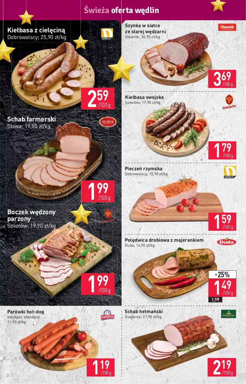 Gazetka promocyjna Stokrotka - Market - ważna 02.12 do 08.12.2021 - strona 2 - produkty: Boczek, Duda, Fa, HP, Kiełbasa, Olewnik, Parówki, Piec, Pieczeń rzymska, Polędwica, Sok, Sokołów, Szynka