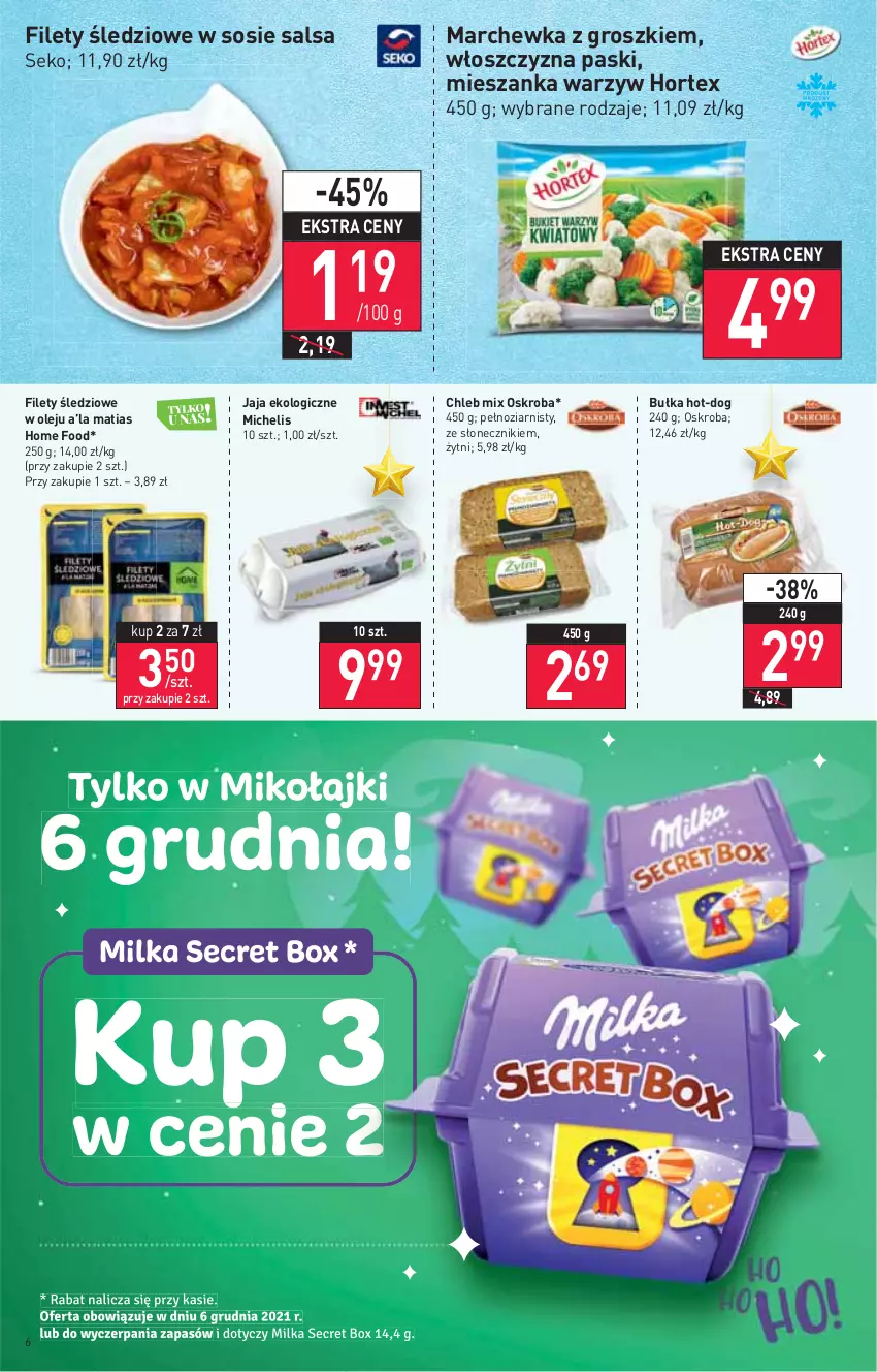 Gazetka promocyjna Stokrotka - Market - ważna 02.12 do 08.12.2021 - strona 6 - produkty: Bułka, Chleb, Hortex, Jaja, Marchewka, Mieszanka warzyw, Milka, Olej, Salsa, SEKO, Sos