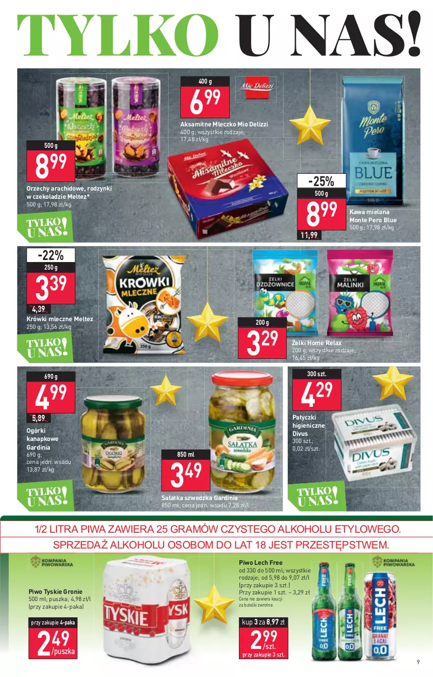 Gazetka promocyjna Stokrotka - Market - ważna 02.12 do 08.12.2021 - strona 9 - produkty: Aksam, Gra, Kawa, Kawa mielona, Krówki mleczne, Mleczko, Monte, Piwa, Piwo, Rodzynki, Sałat, Sałatka, Tyskie