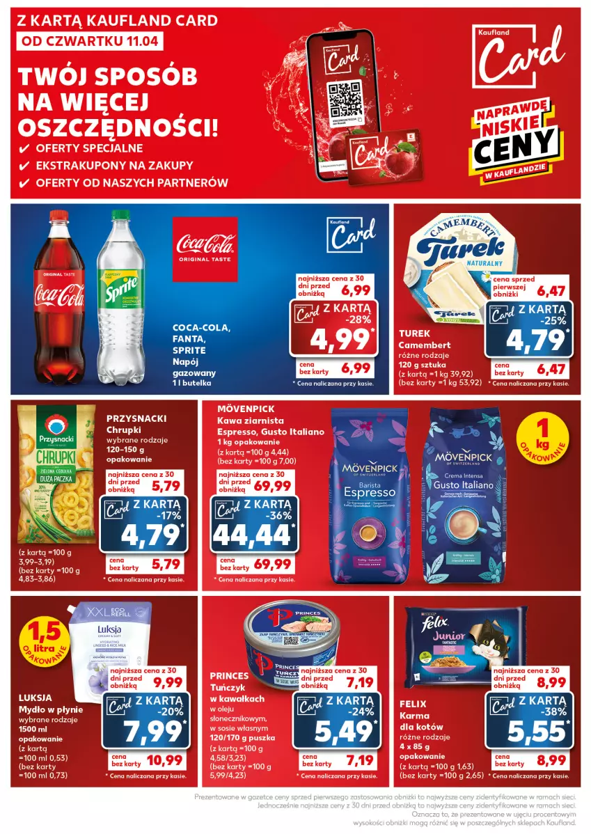 Gazetka promocyjna Kaufland - Kaufland - ważna 15.04 do 17.04.2024 - strona 12 - produkty: Camembert, Chrupki, Coca-Cola, Fa, Fanta, Felix, Gin, Kawa, Kawa ziarnista, Mydło, Mydło w płynie, Napój, Napój gazowany, Olej, Przysnacki, Sos, Sprite