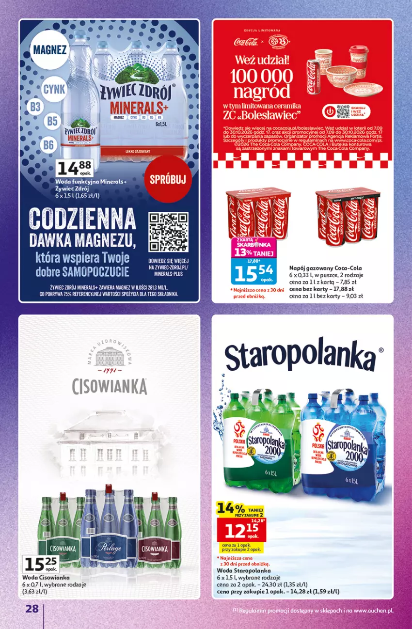 Gazetka promocyjna Auchan - Gazetka 30 Lat Hipermarket Auchan Znane marki - ważna 03.09 do 09.09.2026 - strona 28 - produkty: Cisowianka, Coca-Cola, Magnez, Napój, Napój gazowany, Pokrywa, Staropolanka, Woda