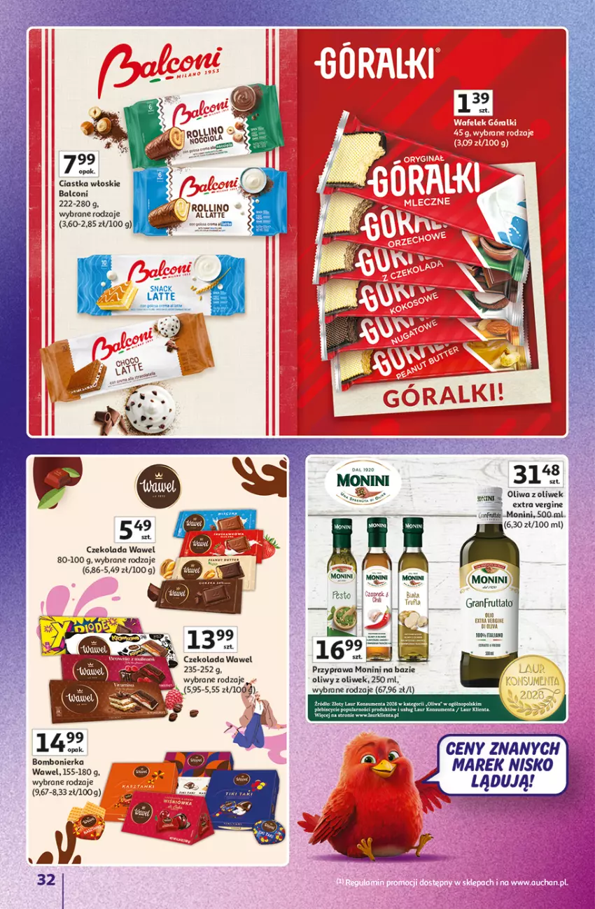 Gazetka promocyjna Auchan - Gazetka 30 Lat Hipermarket Auchan Znane marki - ważna 03.09 do 09.09.2026 - strona 32 - produkty: Alcon, Ciastka, Czekolada, Gin, Laur, Monini, Oliwa z oliwek, Wawel