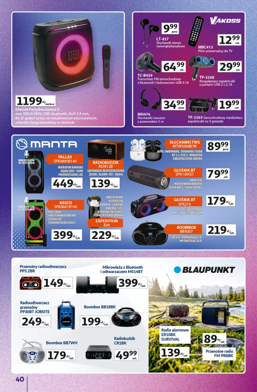Gazetka promocyjna Auchan - Gazetka 30 Lat Hipermarket Auchan Znane marki - ważna 03.09 do 09.09.2026 - strona 40 - produkty: Bateria, Budzik, Głośnik, K2, Latarka, Mikrowieża, Radiobudzik, Radioodtwarzacz, Słuchawki, Tarka, Tran
