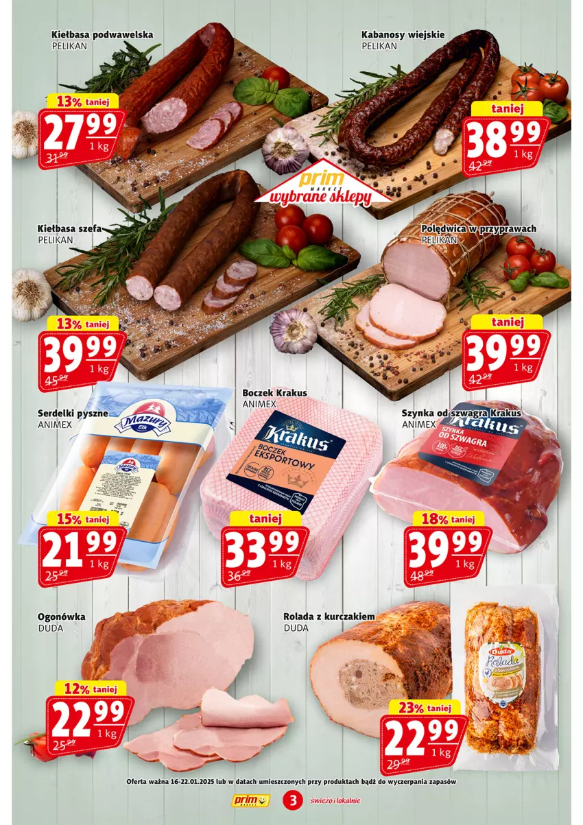 Gazetka promocyjna Prim Market - ważna 16.01 do 22.01.2025 - strona 3 - produkty: Boczek, Duda, Fa, HP, Kabanos, Kiełbasa, Kiełbasa podwawelska, Krakus, Kurczak, Ogonówka, Rolada, Ser, Serdelki, Wawel