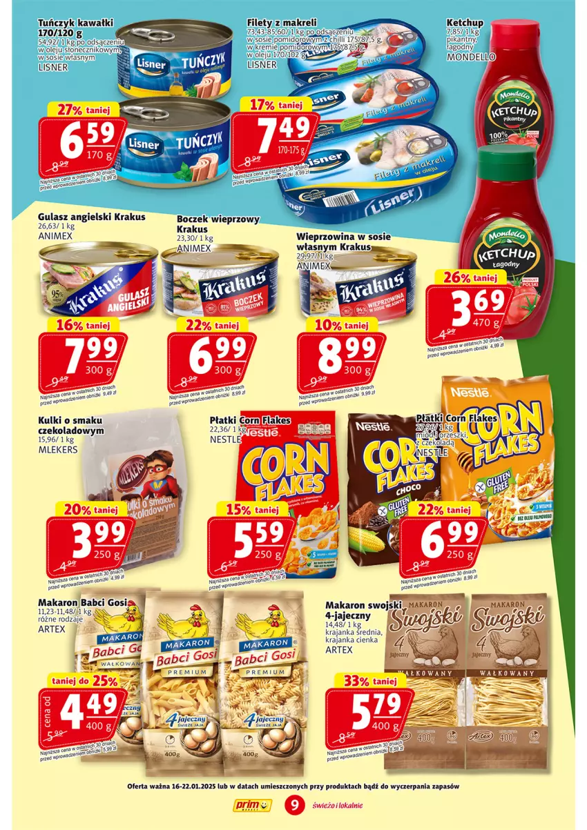 Gazetka promocyjna Prim Market - ważna 16.01 do 22.01.2025 - strona 9 - produkty: Boczek, Boczek wieprzowy, Corn flakes, Krakus, Makaron, Olej, Sos, Wieprzowina