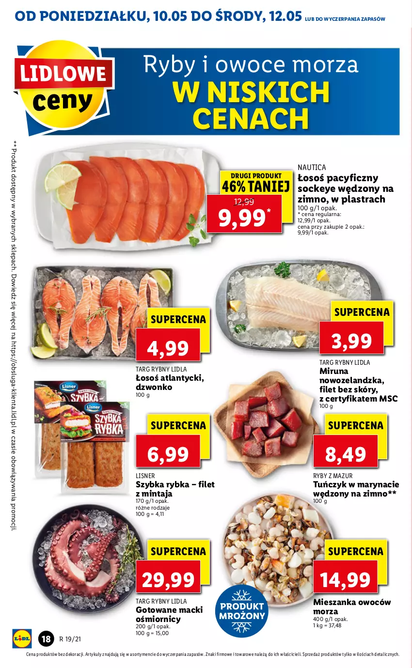 Gazetka promocyjna Lidl - GAZETKA - ważna 10.05 do 12.05.2021 - strona 18 - produkty: Filet z mintaja, Lisner, Mintaj, Miruna, Owoce, Owoce morza, Ryby i owoce morza, Tuńczyk