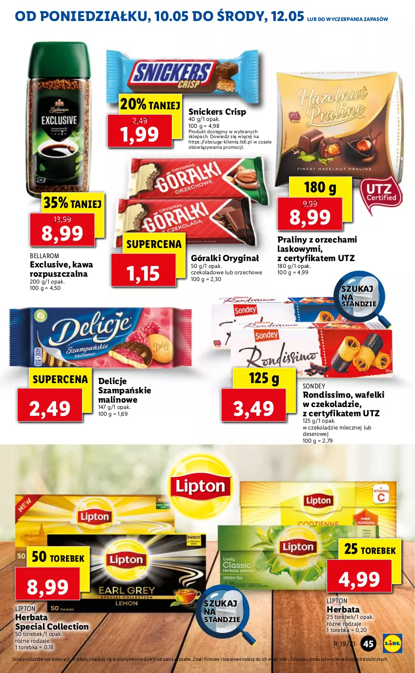 Gazetka promocyjna Lidl - GAZETKA - ważna 10.05 do 12.05.2021 - strona 45 - produkty: Bell, Bella, Delicje, Deser, Gin, Góralki, Herbata, Kawa, Kawa rozpuszczalna, Lipton, Praliny, Ser, Snickers, Torebka