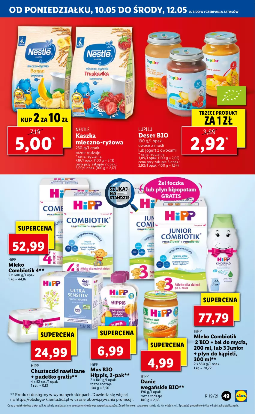 Gazetka promocyjna Lidl - GAZETKA - ważna 10.05 do 12.05.2021 - strona 49 - produkty: Chusteczki, Deser, Gra, HiPP, Jogurt, Mleko, Mus, Nestlé, Owoce, Płyn do kąpieli, Pudełko, Ryż, Ser