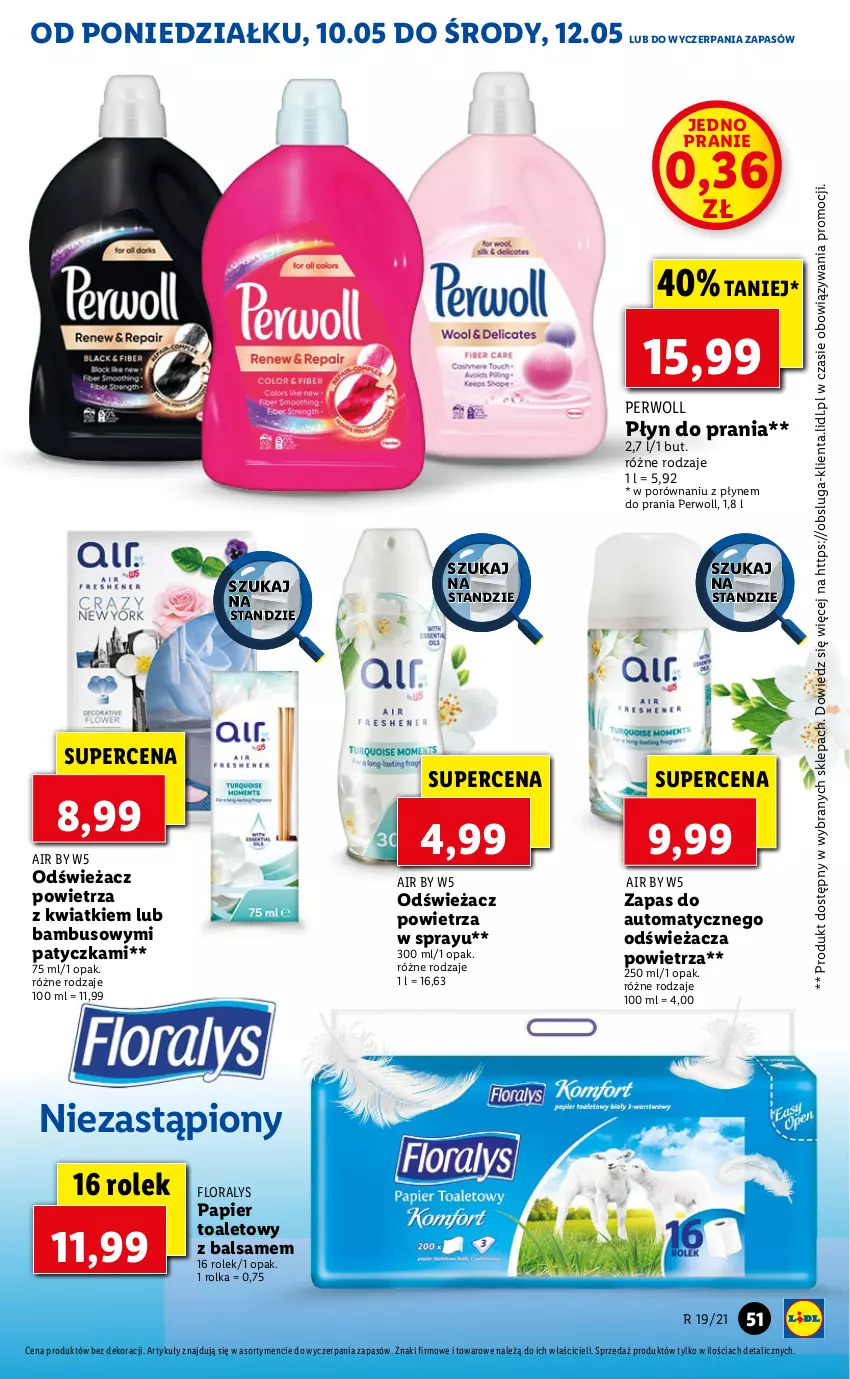 Gazetka promocyjna Lidl - GAZETKA - ważna 10.05 do 12.05.2021 - strona 51 - produkty: Flora, Odświeżacz powietrza, Papier, Papier toaletowy, Perwoll, Płyn do prania, Por