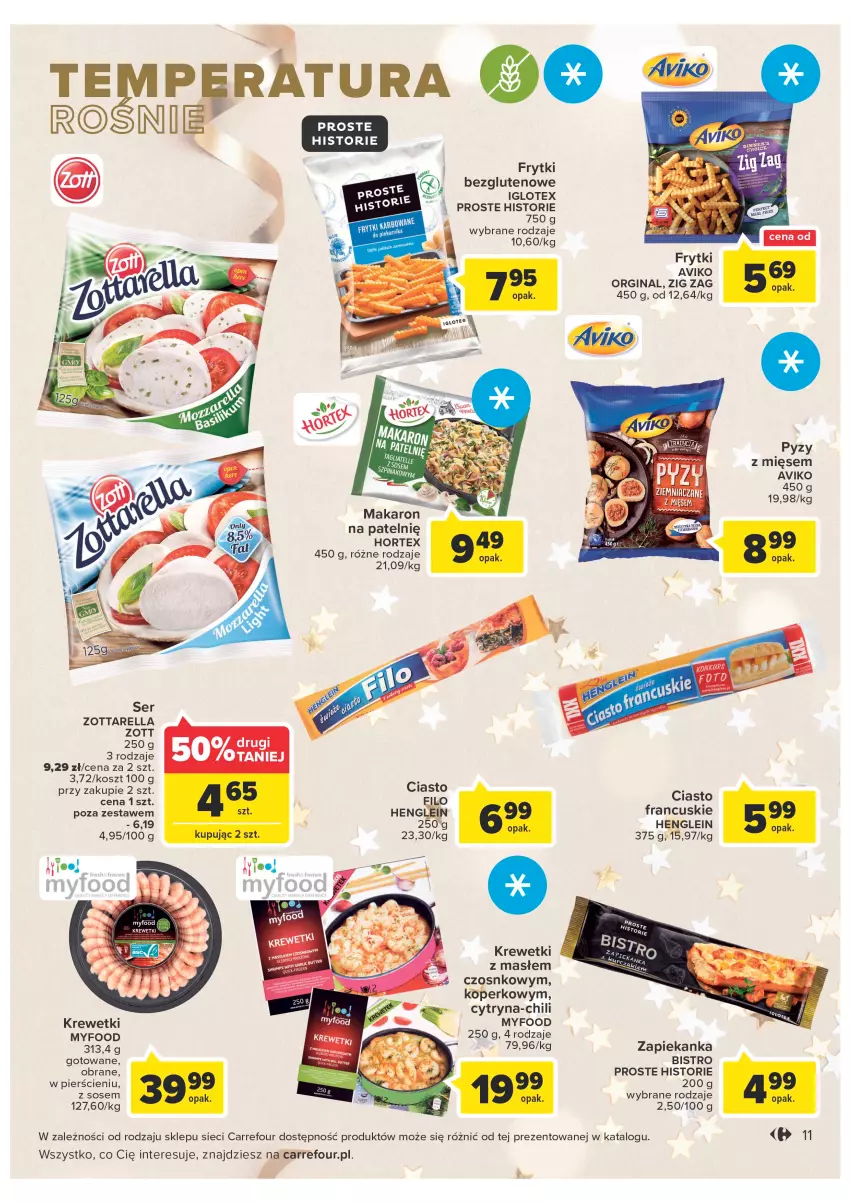 Gazetka promocyjna Carrefour - Gazetka Carrefour - ważna 27.12 do 31.12.2022 - strona 11 - produkty: Ciasto francuskie, Frytki, Gin, Hortex, Kosz, Krewetki, Makaron, Ser, Sos, Zapiekanka, Zott, Zottarella