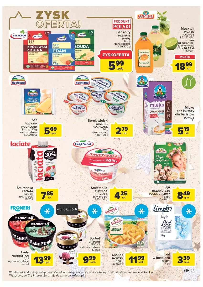 Gazetka promocyjna Carrefour - Gazetka Carrefour - ważna 27.12 do 31.12.2022 - strona 23 - produkty: Almette, Ananas, Gry, Hochland, Hortex, Mleko, Mleko bez laktozy, Piątnica, Ser, Serek, Serek wiejski, Top