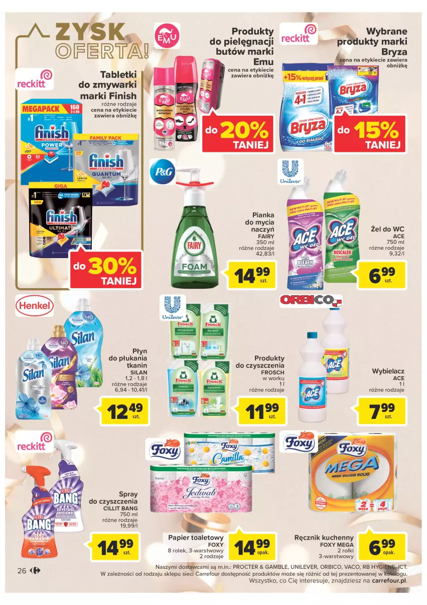 Gazetka promocyjna Carrefour - Gazetka Carrefour - ważna 27.12 do 31.12.2022 - strona 26 - produkty: BIC, Cillit Bang, Fa, Fairy, Finish, Foxy, Frosch, Papier, Papier toaletowy, Płyn do płukania, Ręcznik, Ręcznik kuchenny, Rolki, Silan, Tablet, Zmywarki