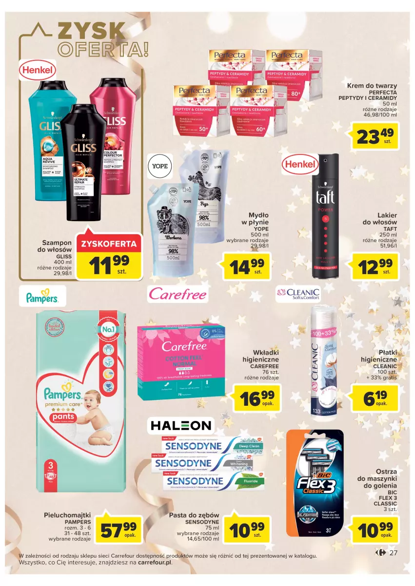 Gazetka promocyjna Carrefour - Gazetka Carrefour - ważna 27.12 do 31.12.2022 - strona 27 - produkty: BIC, Carefree, Cleanic, Krem do twarzy, Lakier, Lakier do włosów, Majtki, Mydło, Mydło w płynie, Pampers, Perfecta, Pieluchomajtki, Sensodyne, Szampon, Taft, Wkładki, Yope