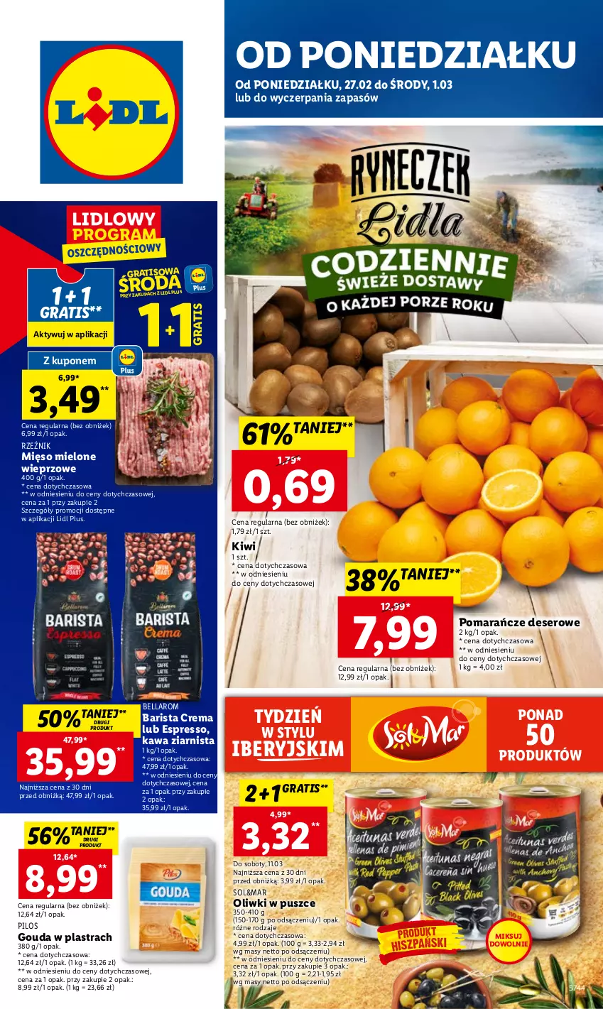 Gazetka promocyjna Lidl - GAZETKA - ważna 27.02 do 01.03.2023 - strona 1 - produkty: Bell, Bella, Deser, Gouda, Gra, Kawa, Kawa ziarnista, Kiwi, Mięso, Mięso mielone, Oliwki, Pilos, Pomarańcze, Ser, Top