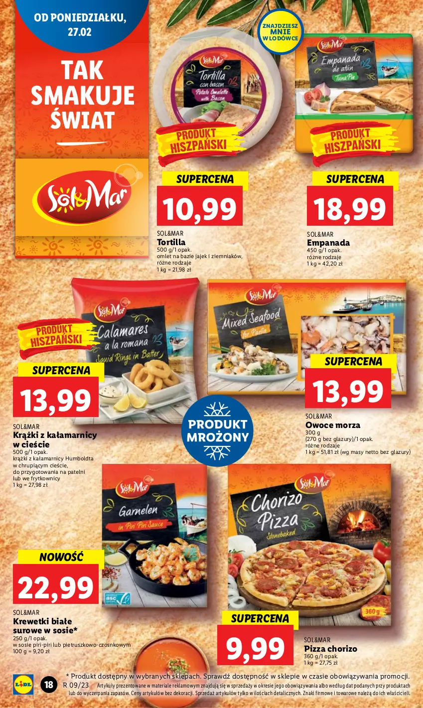 Gazetka promocyjna Lidl - GAZETKA - ważna 27.02 do 01.03.2023 - strona 20 - produkty: Krewetki, Lazur, Owoce, Owoce morza, Pizza, Sos, Tortilla