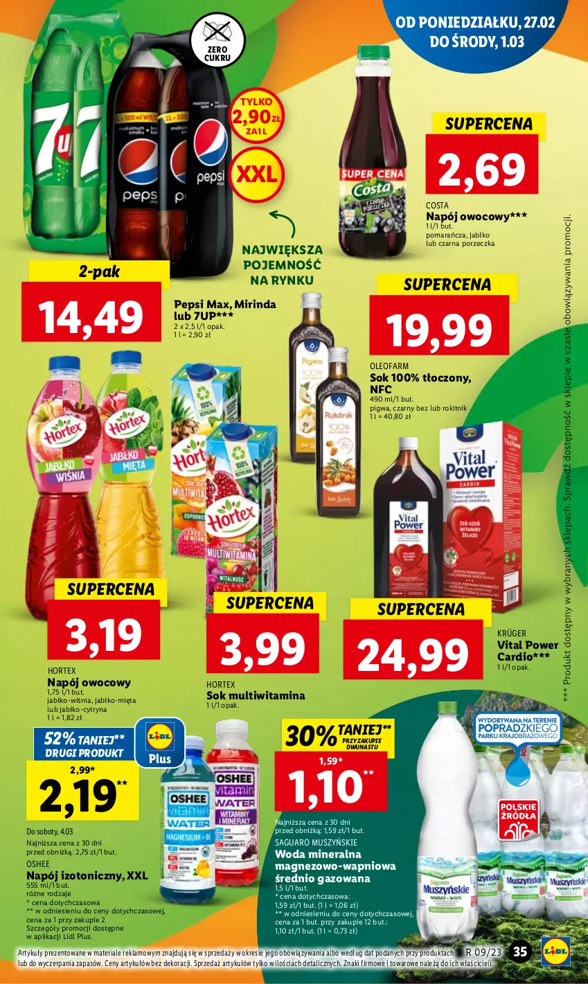 Gazetka promocyjna Lidl - GAZETKA - ważna 27.02 do 01.03.2023 - strona 39 - produkty: 7up, Fa, Hortex, Magnez, Mięta, Mirinda, Mus, Napój, Napój izotoniczny, Oleo, Oleofarm, Oshee, Pepsi, Pepsi max, Por, Sok, Woda, Woda mineralna