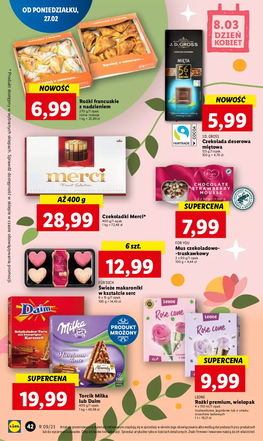 Gazetka promocyjna Lidl - GAZETKA - ważna 27.02 do 01.03.2023 - strona 48 - produkty: Czekolada, Deser, Leon, Makaron, Merci, Milka, Mus, Ser