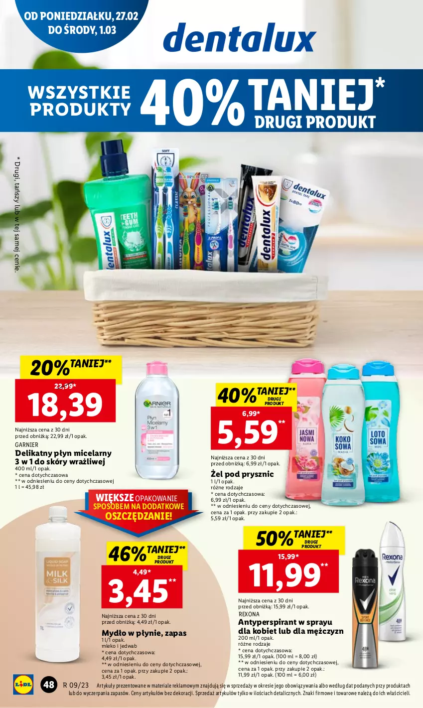 Gazetka promocyjna Lidl - GAZETKA - ważna 27.02 do 01.03.2023 - strona 54 - produkty: Antyperspirant, Garnier, Mleko, Mydło, Mydło w płynie, Płyn micelarny, Rexona