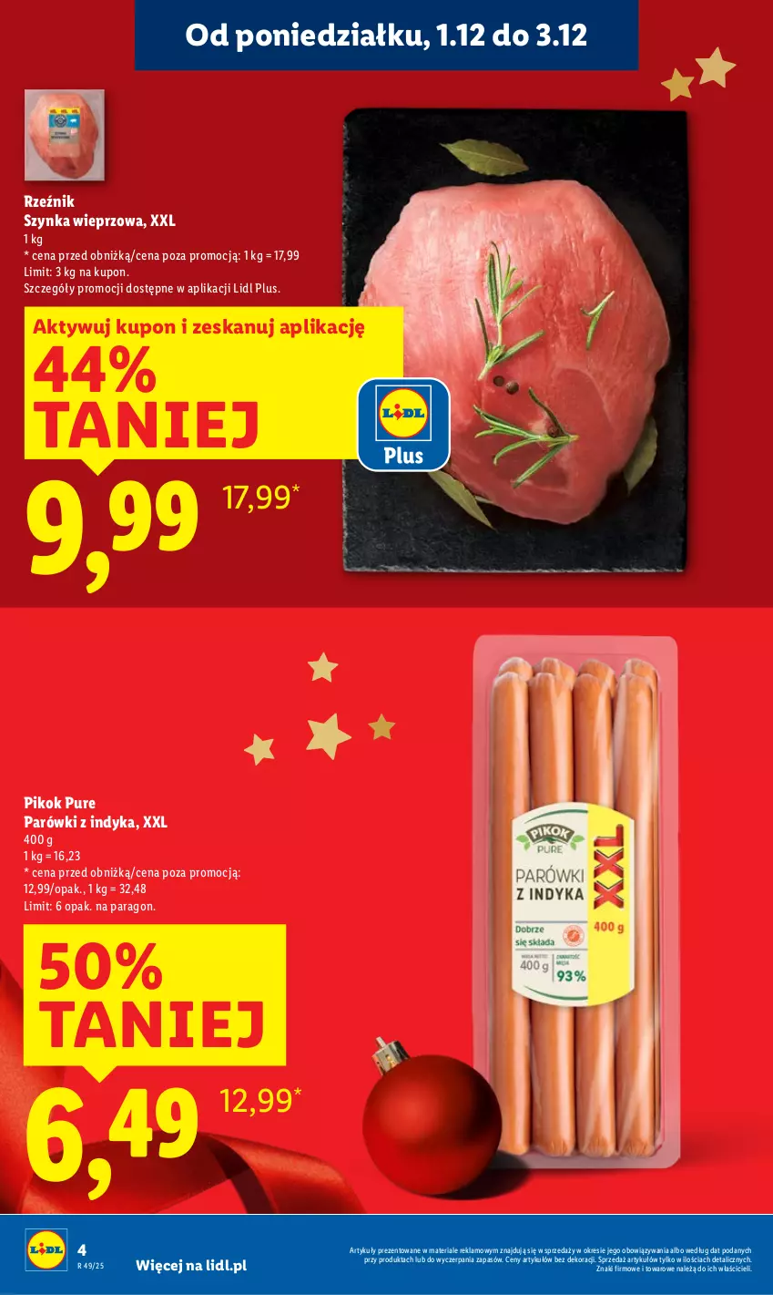 Gazetka promocyjna Lidl - GAZETKA - ważna 01.12 do 03.12.2025 - strona 4 - produkty: Parówki, Parówki z indyka, PIKOK, Pur, Szynka, Szynka wieprzowa