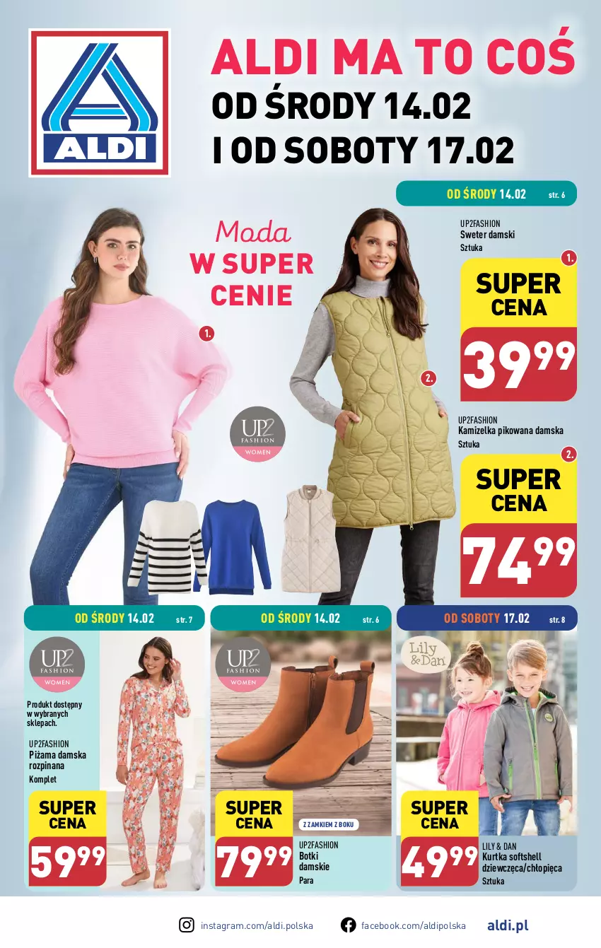 Gazetka promocyjna Aldi - Artykuły przemysłowe i tekstylia - ważna 14.02 do 17.02.2024 - strona 1 - produkty: Botki, Fa, Gra, Kamizelka, Kurtka, Kurtka softshell, Moda, Piżama, Sweter