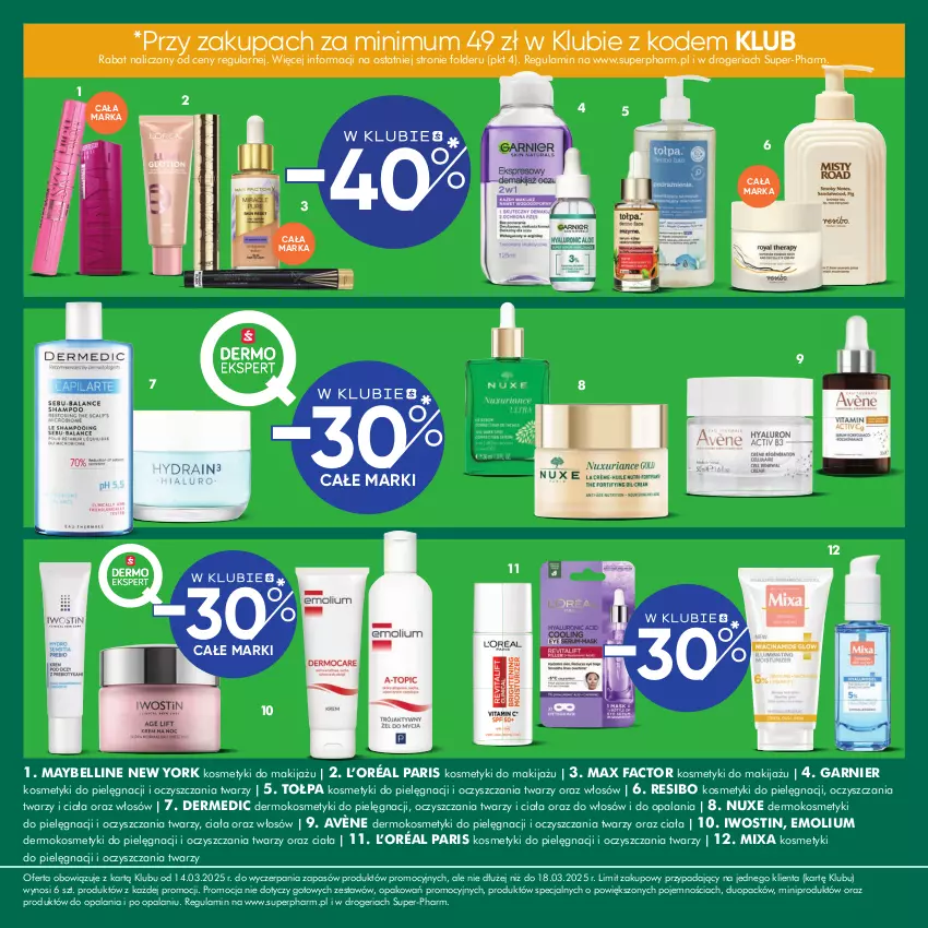 Gazetka promocyjna Super Pharm - Gazetka - ważna 14.03 do 18.03.2025 - strona 5 - produkty: Avène, Bell, Dermedic, Emolium, Fa, Garnier, Iwostin, Kosmetyki do pielęgnacji, L’Oréal, Makijaż, Max Factor, Maybelline, Mixa, Nuxe, Tołpa