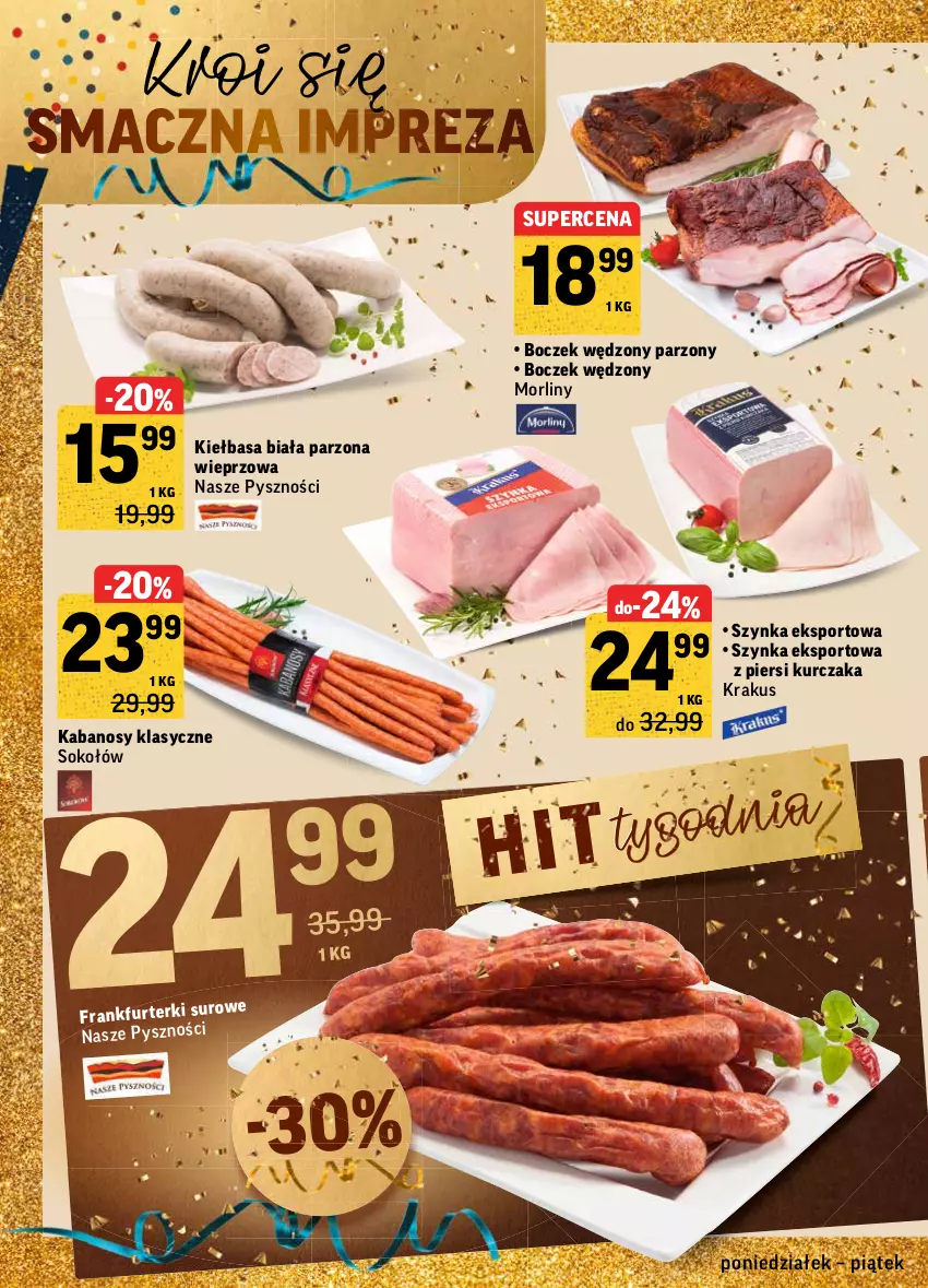 Gazetka promocyjna Intermarche - Gazetka promocyjna - ważna 27.12 do 31.12.2021 - strona 12 - produkty: Boczek, Kabanos, Kiełbasa, Kiełbasa biała, Krakus, Kurczak, Morliny, O nas, Por, Sok, Sokołów, Sport, Szynka